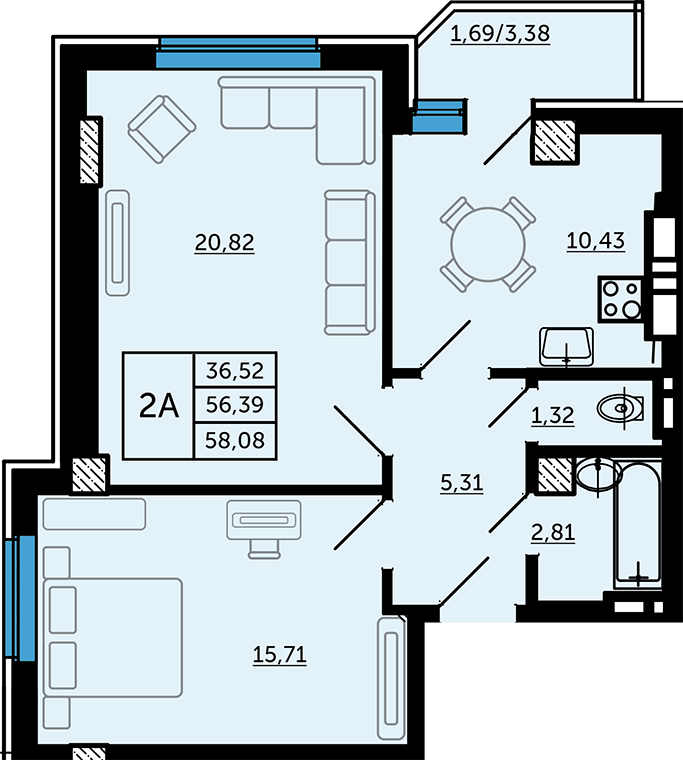3 этаж 2-комнатн. 58.08 кв.м.