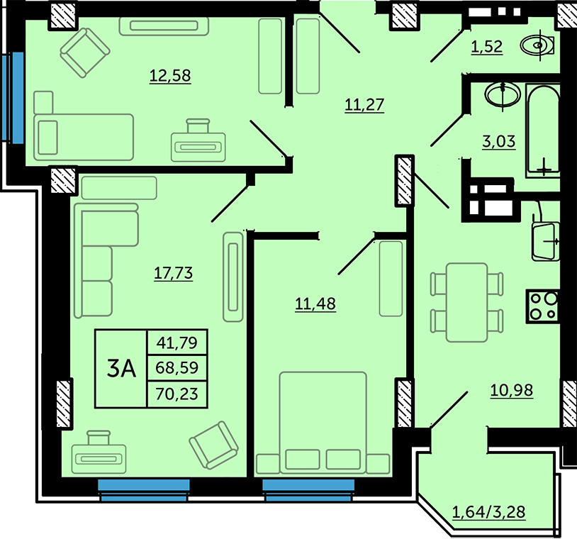 3 этаж 3-комнатн. 70.23 кв.м.