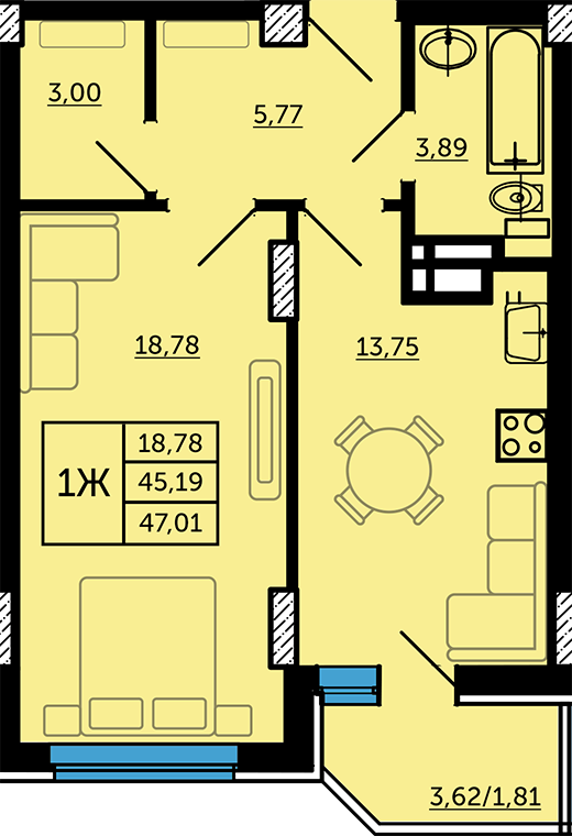 3 этаж 1-комнатн. 47.01 кв.м.
