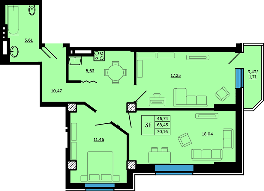 3 этаж 3-комнатн. 70.16 кв.м.