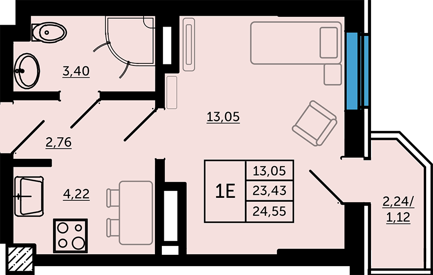 4 этаж 1-комнатн. 24.55 кв.м.