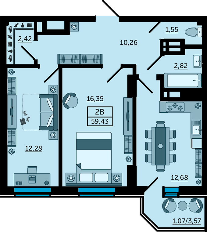3 этаж 2-комнатн. 59.43 кв.м.